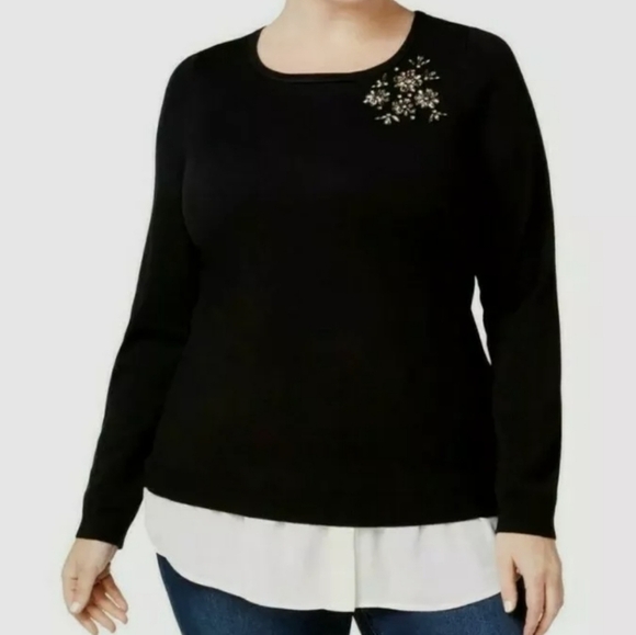 NWT Charter Club Layered Look Brooch Sweater Top Sz 0X - Picture 1 of 6